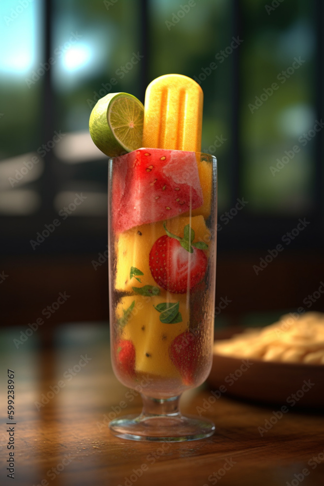 Poster a refreshing popsicle in a variety of fruit flavors. generative ai technology.