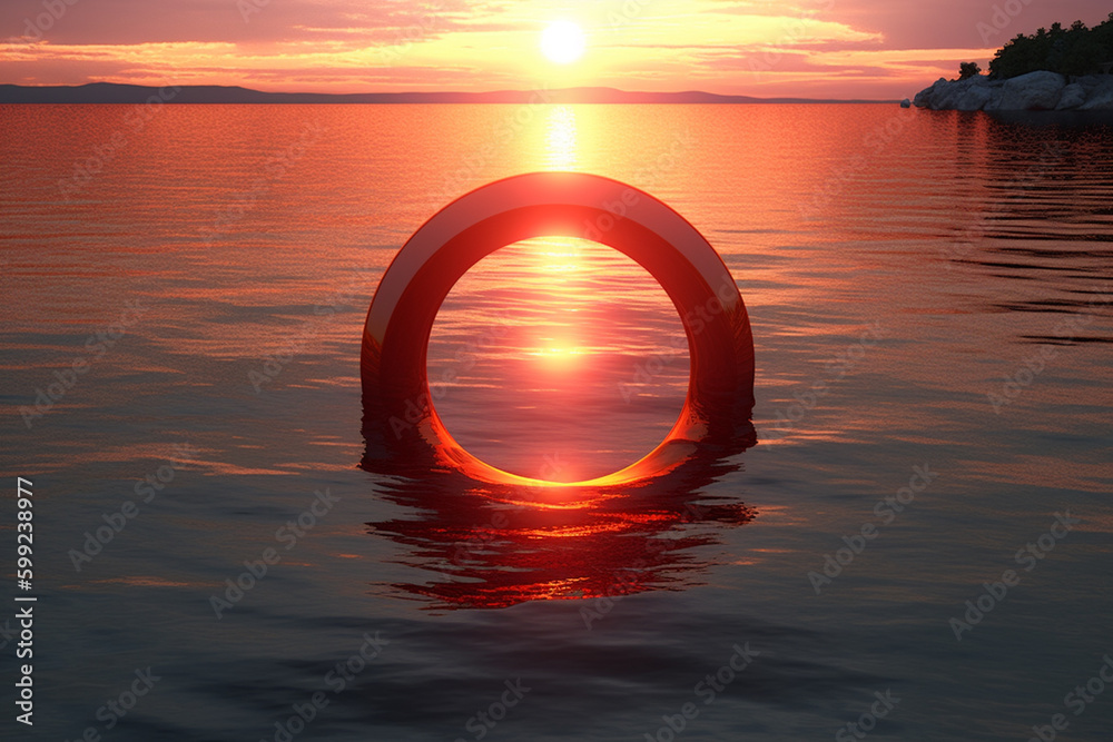 Fototapete A circle with a gradient of warm colors, representing a sunset over the water.. Generative AI technology.