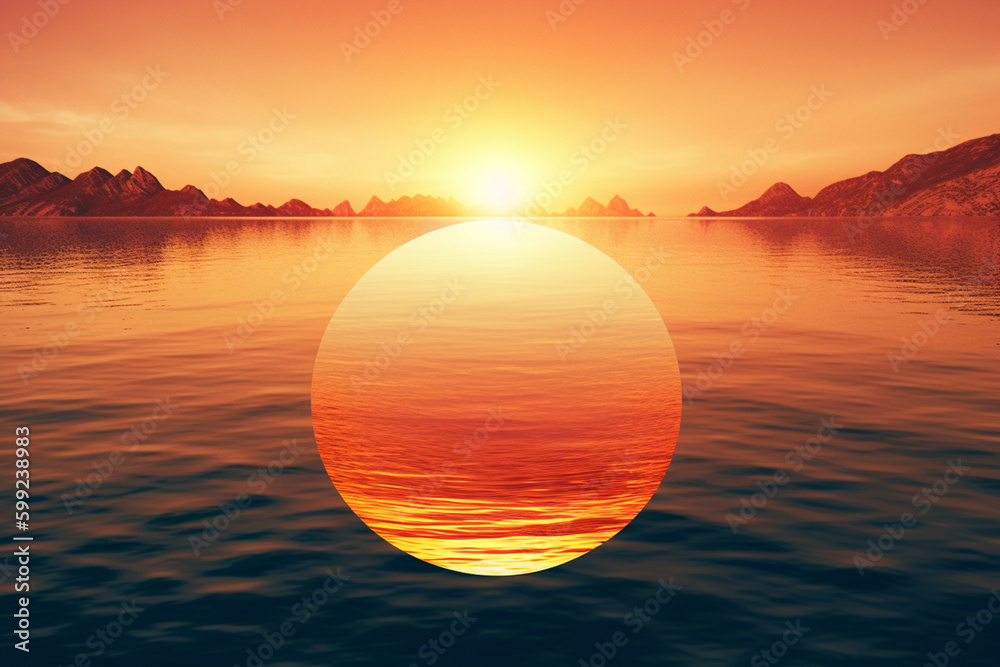 Fototapete a circle with a gradient of warm colors, representing a sunset over the water.. generative ai techno