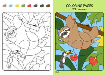 Coloring book for children: cute sloth in the jungle. Vector illustration coloring pages