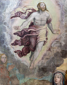 NAPLES, ITALY - APRIL 23, 2023: The detail of fresco of  Ascension in the church Chiesa di San Giovanni a Carbonara by unknown mannerist painter from years (1570 - 1575).