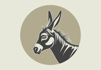 Vector round logo. Simple graphical monochrome donkey, side view on isolated background. Sticker, icon or label.