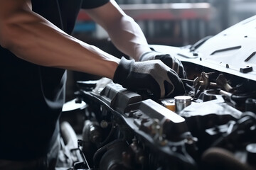 Fototapeta na wymiar Auto mechanic working on car engine in mechanics garage. Repair service. Close-up shot. - Generative AI