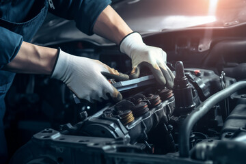 Obraz na płótnie Canvas Auto mechanic working on car engine in mechanics garage. Repair service. authentic close-up shot - Generative AI