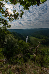 View of the meandering river, forest of fog and sunset in the Podyjí meadow National Park in Moravia in the Czech Republic