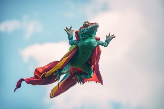 A lizard or gecko dressed as a superhero flies through the air. AI generative image. Generative AI