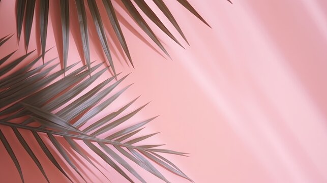 Blurred shadow from palm leaves on the pink wall. Minimalist abstract background with copy space. Generative AI. 