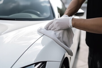 Car detailing - the man holds the microfiber in hand and polishes the white car. Selective focus. - Generative AI