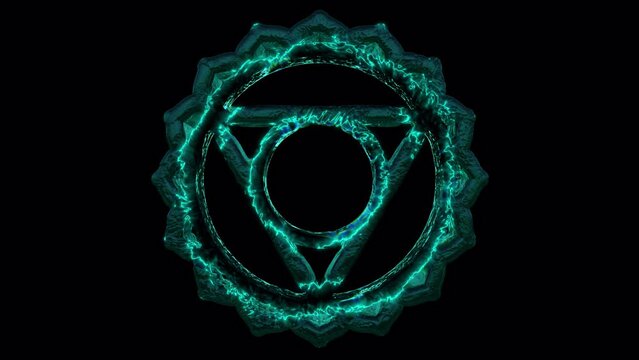 Vishuddha Chakra: Ether element energy center, associated with communication, self-expression, and truth. Blue color, often used in chakra healing and VJ loops. Healing throat medicine color healing