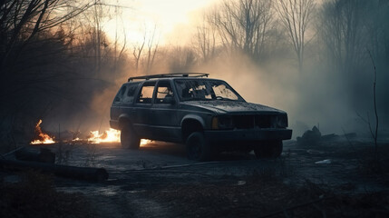 Obraz na płótnie Canvas Violent Collision and Burning Car Wreck, AI Generated