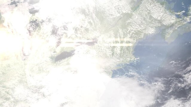 Earth zoom in from outer space to city. Zooming on Ithaca, New York, USA. The animation continues by zoom out through clouds and atmosphere into space. Images from NASA