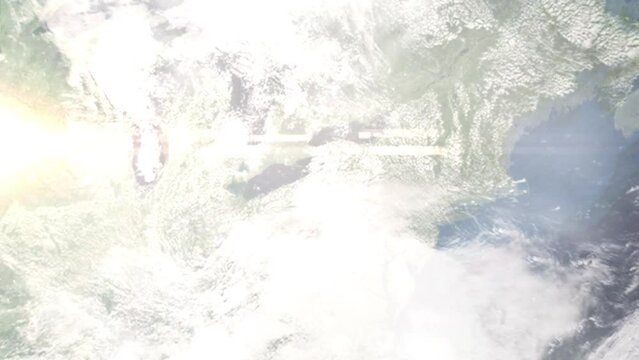 Earth zoom in from outer space to city. Zooming on Jamestown, New York, USA. The animation continues by zoom out through clouds and atmosphere into space. Images from NASA