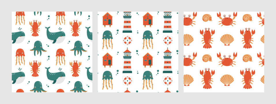Set of fancy seamless patterns with cute sea animal, jellyfish, lighthouse, beach house, whale. Flat hand drawn summer backgrounds for wrapping paper, children merch, baby shower, fabric, textile