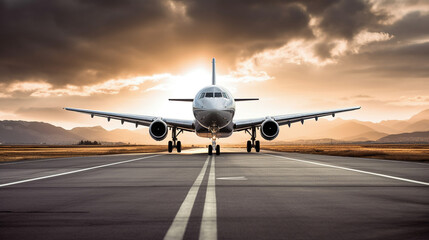 Obraz premium Airplane taking off or landing from the runaway in the sunset . Golden hour photo. Ai generated
