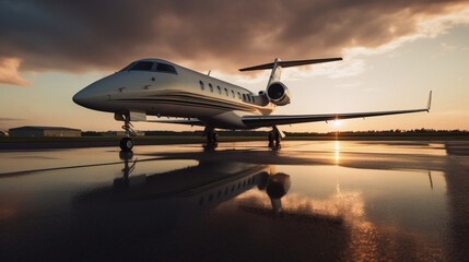 An airplane or private jet in sunset; generative AI