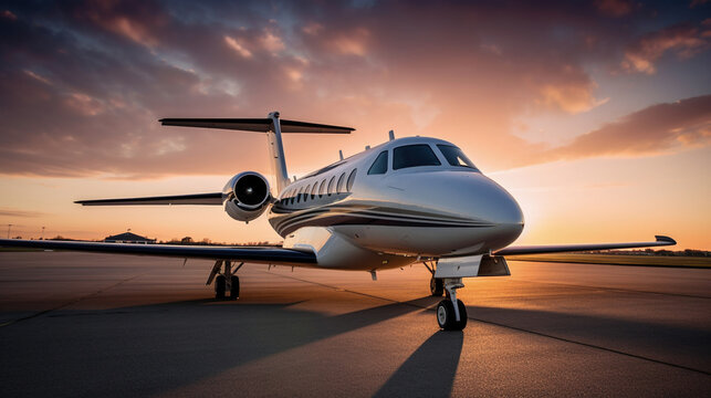 An airplane or private jet in sunset; generative AI