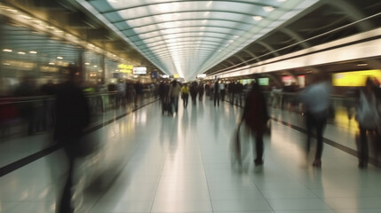 Obraz premium People traveling, walking through airport, motion blur, wide shot. Generative AI
