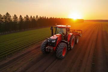 Fototapeta premium Farmer with tractor seeding crops at field, aerial drone view. AI Generative