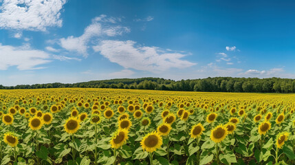 Fototapeta na wymiar Sunflower Farmland With Blue Cloudy Sky. AI Generative