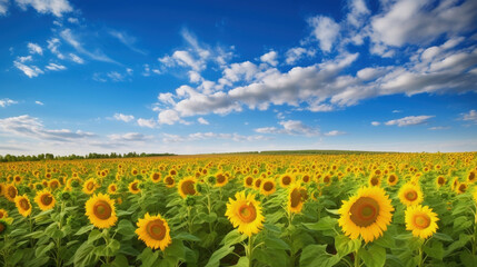 Sunflower Farmland With Blue Cloudy Sky. AI Generative