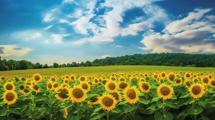 Sunflower Farmland With Blue Cloudy Sky. AI Generative