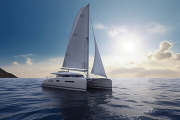 Fototapeta na wymiar Sailing catamaran on a background of a beautiful sunset in the sea. AI Generative