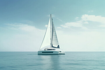 Sailing catamaran on a background of a beautiful sunset in the sea. AI Generative