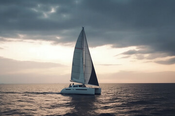 Plakat Sailing catamaran on a background of a beautiful sunset in the sea. AI Generative