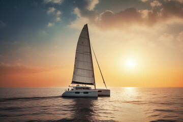 Obraz na płótnie Canvas Sailing catamaran on a background of a beautiful sunset in the sea. AI Generative