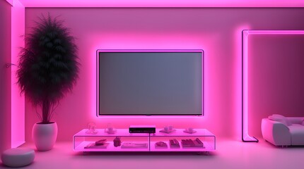 Interior design with TV, Sofa and Table, of living room beautiful pink neon light abstract background, with flower vase.