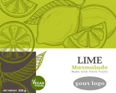 Lime marmalade cover design. Hand drawn limes. Vector Illustration. 