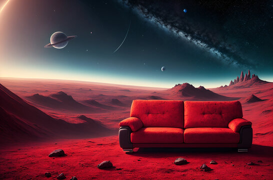 a red sofa stands on an uninhabited planet in space against the background of a cosmic landscape. Generative AI.