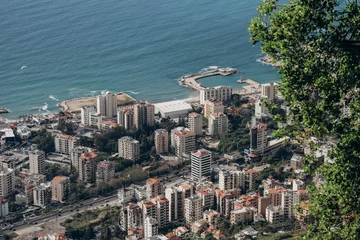 Vitrage gordijnen Historisch monument View from the village of Harissa to neighboring coastal cities in Lebanon