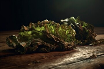 Rotten lettuce on a wooden table. Dim studio light. Generate AI. 