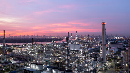 Aerial view oil and gas industry refinery at sunset, Aerial view oil and gas Industrial...