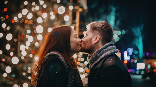 A man and a woman kissing in front of a christmas tree. AI generative image. Generative AI