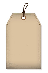 Blank old paper label or cloth tag. Brown price tag with rope. Template shopping label. Blank discount and price tag on paper. Vintage price tag. Vector illustration
