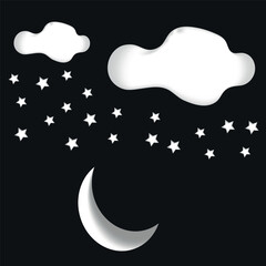White 3d moon on black background with stars. Vector White crescent.