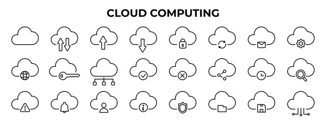 Cloud computing. Editable stroke outline icon set with global network data server and internet technology. Database and online storage vector linear icon set. Vector EPS 10