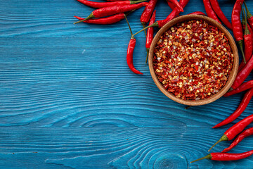 Spicy seasoning - red chili pepper and chili powder, top view