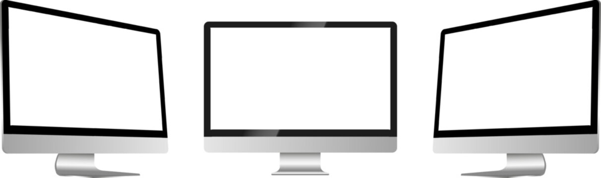 Realistic Mockup computer. Screen monitor display on three sides with blank screen for your design. Vector EPS 10 and PNG