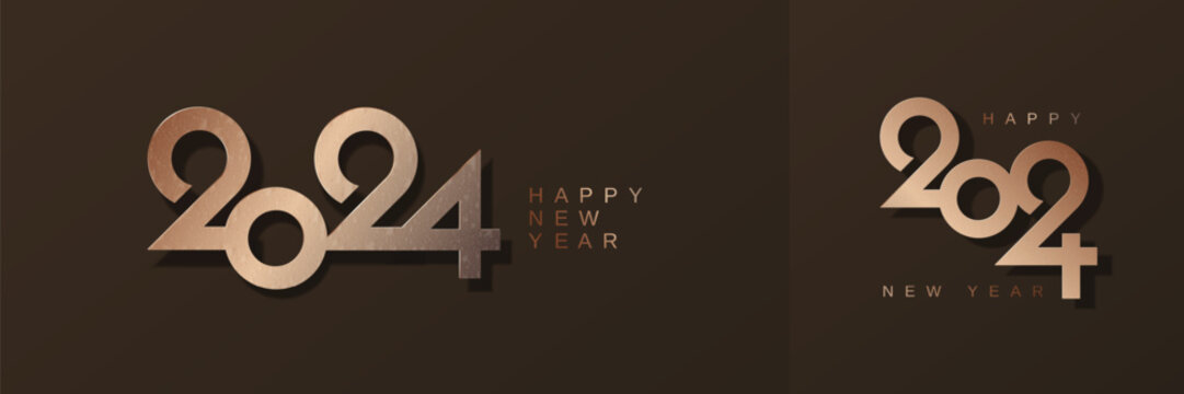 Happy new year 2024 with luxury gold number on dark brown background. 2024 new year celebration greeting card concept