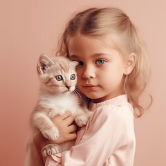 little girl with kitten hugging beige background , Generative AI