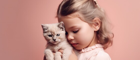 little girl with kitten hugging beige background , Generative AI