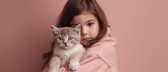 little girl with kitten hugging beige background , Generative AI