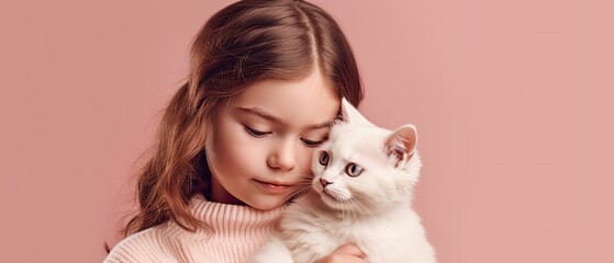 Fototapeta na wymiar little girl with kitten hugging beige background , Generative AI