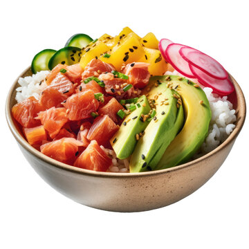 Delicious poke bowl with salmon and vegetables