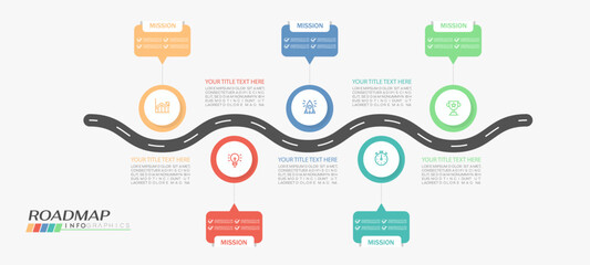 Roadmap infographic 5 steps timeline concept. Winding road. Vector illustration.