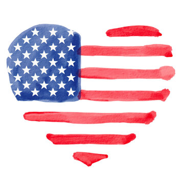 USA flag in heart shape with watercolor  brush paint textured . Vector illustration 