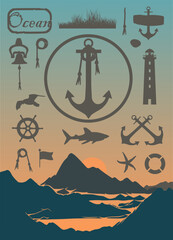 Vektor Silhouetten: Maritimes Set mit Berglandschaft und Küste - Gewässer